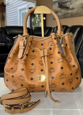 #ad Contemporary MCM Visetos coated canvas drawstring bucket bag. $137.50