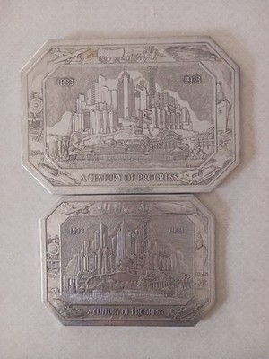 Lot of 2  1933 Chicago World s Fair Century of Progress Foil Hot Plate Trivets
