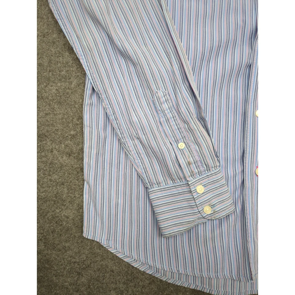 Aeropostale 男式正装衬衫中号修身条纹蓝色粉红色纽扣 — 第 3/4 张图片
