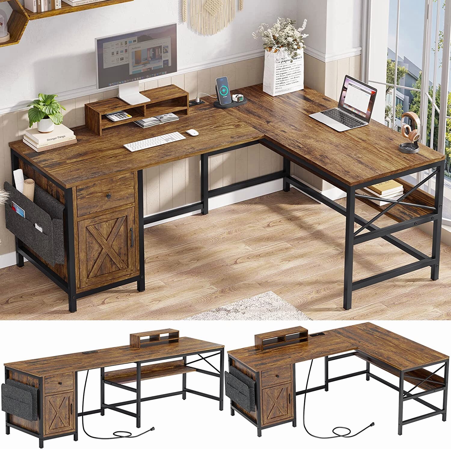 Computer Desk Home Office Desk L Shaped Corner Desk with Drawer Rustic Brown-image