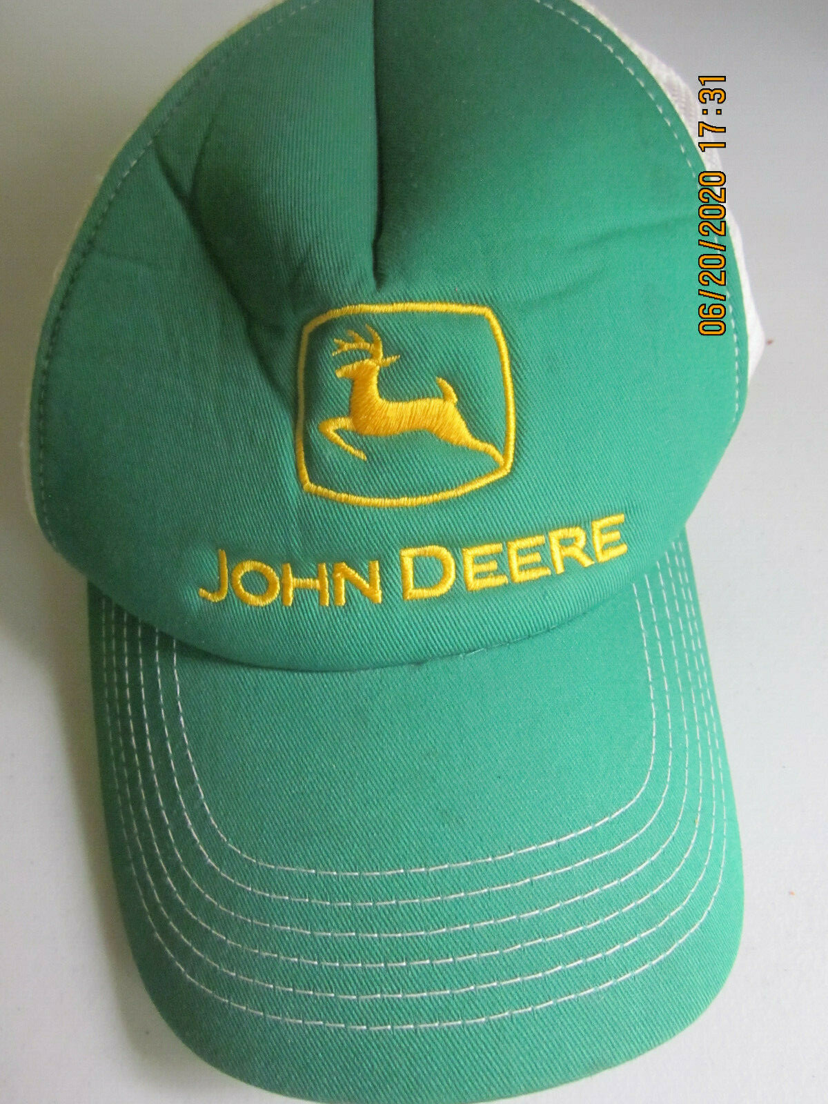 JOHN DEERE Green & White w/Yellow Logo Mesh Back Hat … Gem