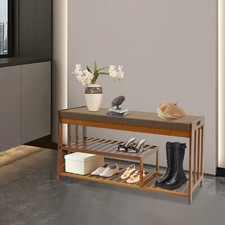 Shoe Storage Bench, Entryway Bamboo 2-Tier Shoe Rack with Cushion Padded Seat
