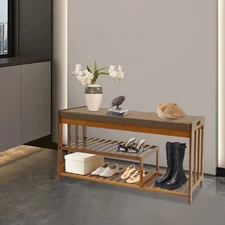 Shoe Storage Bench, Entryway Bamboo 2-Tier Shoe Rack with Cushion Padded Seat