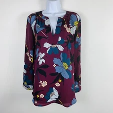 LOFT Womens Top sz XS Purple Floral Long Sleeve V Neck Stretch Lightweight 
