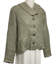 Flax Designs Heavy Linen Jacket Size Petite Blue Gray Gingham Cropped Button Up