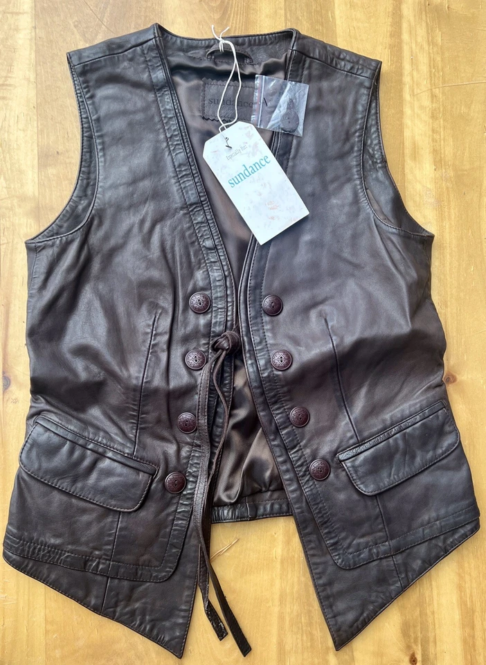 NUEVO CON ETIQUETAS/NUEVO Catálogo Sundance Chaleco de Cuero Lorena XS Minorista $298 Forrado con Bolsillos Foto 4 de 4