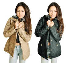 Womens Quilted Zip Jacket Removable Faux Fur Neck Trim Ladies Parka Coat