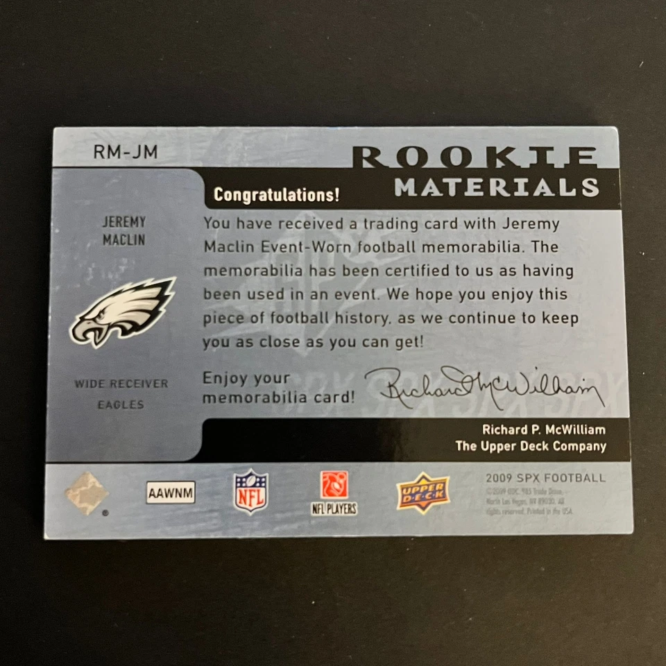 2009 SPx Rookie Materials Patch #RM-JM Jeremy Maclin /99 Philadelphia Eagles - Image 2 of 2