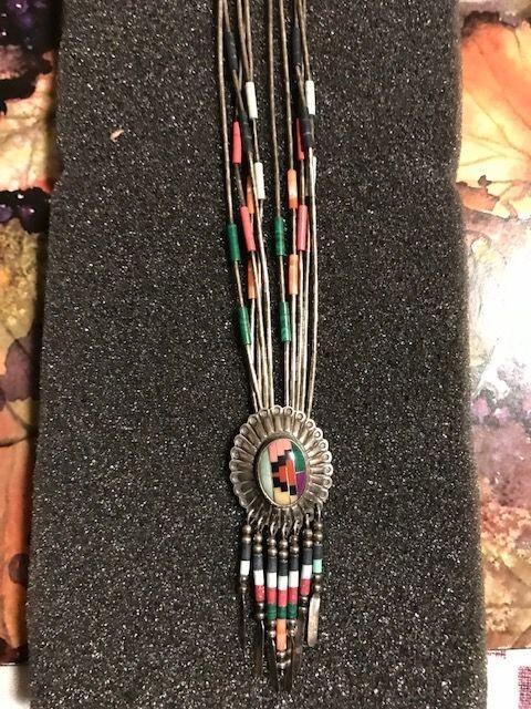 Native American Indian Liquid Silver Necklaces with Stone Inlay Pendant