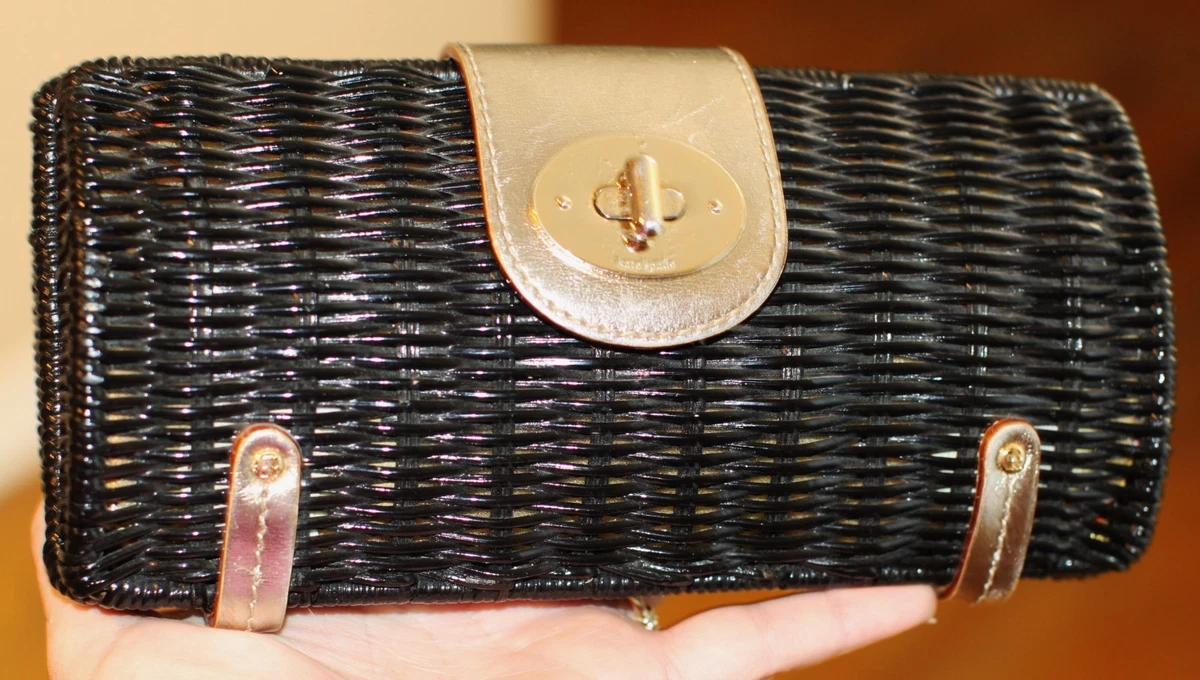 KATE SPADE NEW YORK JUDE Cherbourg BLACK wicker CLUTCH GOLD