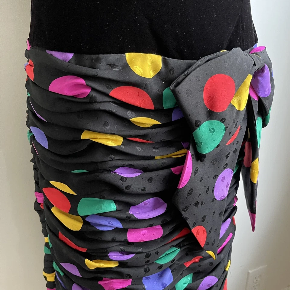 Vintage Saks Fifth Avenue Velvet Silk Polka Dot Drop Waist Party Dress Bow 10 - Image 3 of 4