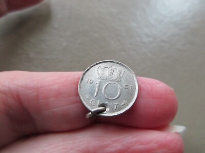 VINTAGE 1961 SILBERFARBEN NIEDERLÄNDISCHE NEDERLANDEN 10 CENT MÜNZE TOKEN CHARM ANHÄNGER ALT