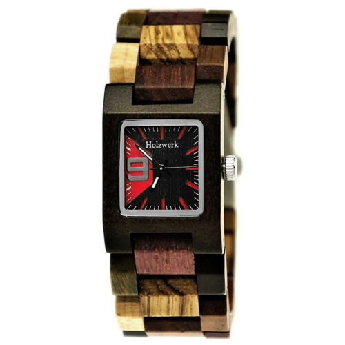 Holzwerk SEESEN Damen Holz Uhr im quadratischen Design, braun töne & rot - Bild 1 von 7