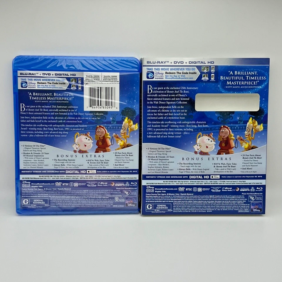 BEAUTY AND THE BEAST BLU-RAY + DVD + DIGITAL HD 25TH ANNIVERSARY NEW SEALED - Image 3 of 3