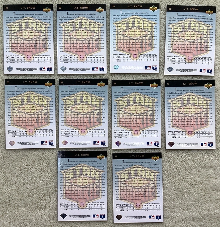 10 Cards:1993 UPPER DECK BASEBALL STAR ROOKIE J.T. SNOW # 23.NY YANKEES.NRMT - Image 2 of 2