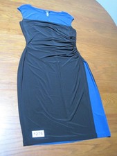Chaps Dress Women M  Blue Black Jersey Stretch Sleeveless Ruched Fit Flare