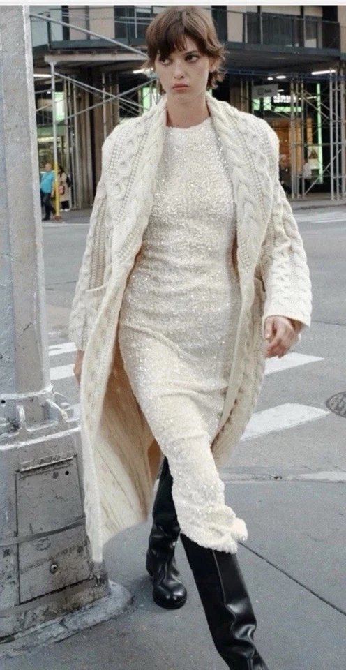 BNWT ZARA LONG CABLE-KNIT COAT ECRU NEW FW24/25 SIZE S REF. 3653/109 - Image 2 of 4