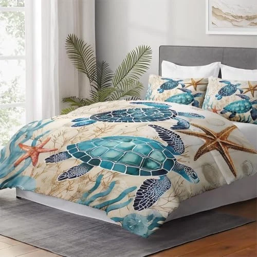 Comforter Set Size with 2 Pillowcases, Sea Turtle Coral 3 King Vintage Turtle - Image 4 of 4