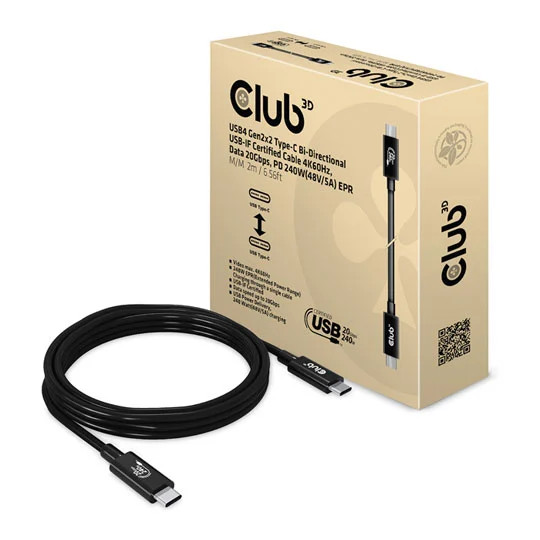 2m Club 3D CAC-1575 USB4 Type-C Gen2x2 Cable, 4K60Hz, 20Gbps, 240W Power Deliver - Image 2