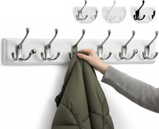 White Coat Hooks - Wall-Mounted Coat Rack - 6 Triple Matt-Nickel Coat Hooks for 