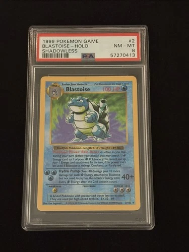 1999 POKEMON BASE SET SHADOWLESS #2 BLASTOISE-HOLO PSA 8