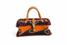 Vintage Kilim Tapestry Handbag Handwoven Wool Purse w/ Leather Handles