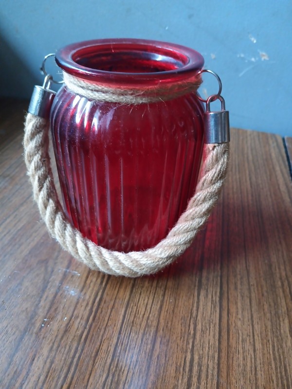 Decorative Hanging Jar ~ Red ~ Glass ~ 4.5" x 6" ~ Rope Handle ~ Candleholder