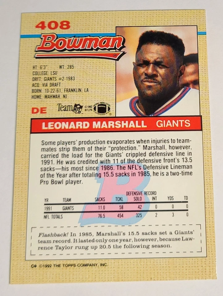 1992 Leonard Marshall Bowman #408 New York Giants Football Trading Card NFL - Image 2 of 4
