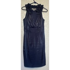 Donna Ricco New York Blue Metallic Shimmer Ruffle Neck Cocktail Dress 8 Elegant