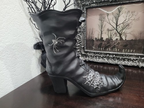 Halloween Black Witch Boot Spiderweb Candle Holder Resin Figurine Prot Decor 8" - Picture 2 of 7