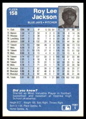 1984 Fleer #158 Roy Lee Jackson - Picture 2 of 2