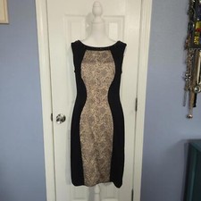 Dressbarn Collection Women 4 Black Gold Paisley Print Beaded Neckline Work Dress