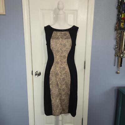 Dressbarn Collection Women 4 Black Gold Paisley Print Beaded Neckline Work Dress