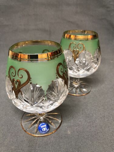 Set Of 2 Czech Hand Cut Bohemian Glass, Rare Pale Green, Raised Gold - Picture 3 of 9