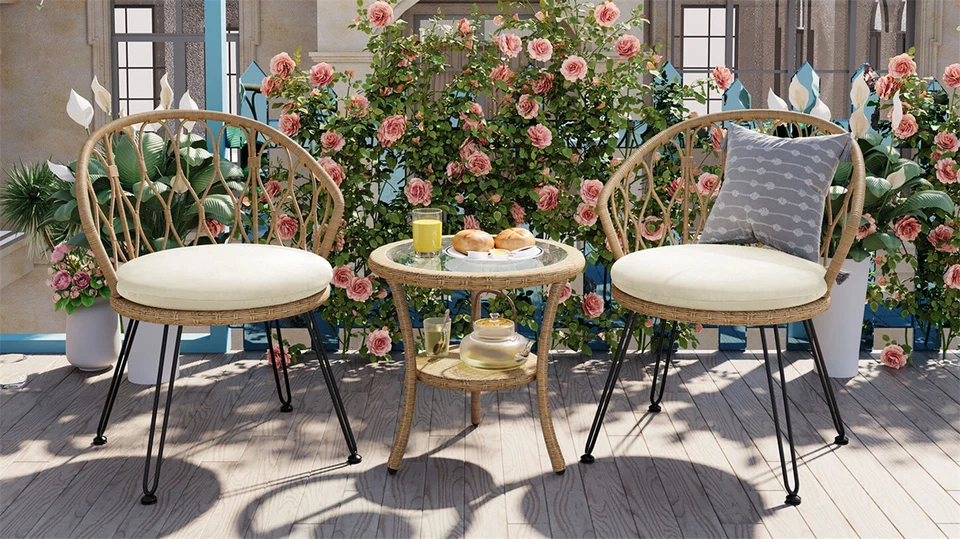 Juego de 3 sillas y mesas de jardín muebles de exterior patio piscina 2 sillas de ratán Foto 3 de 4