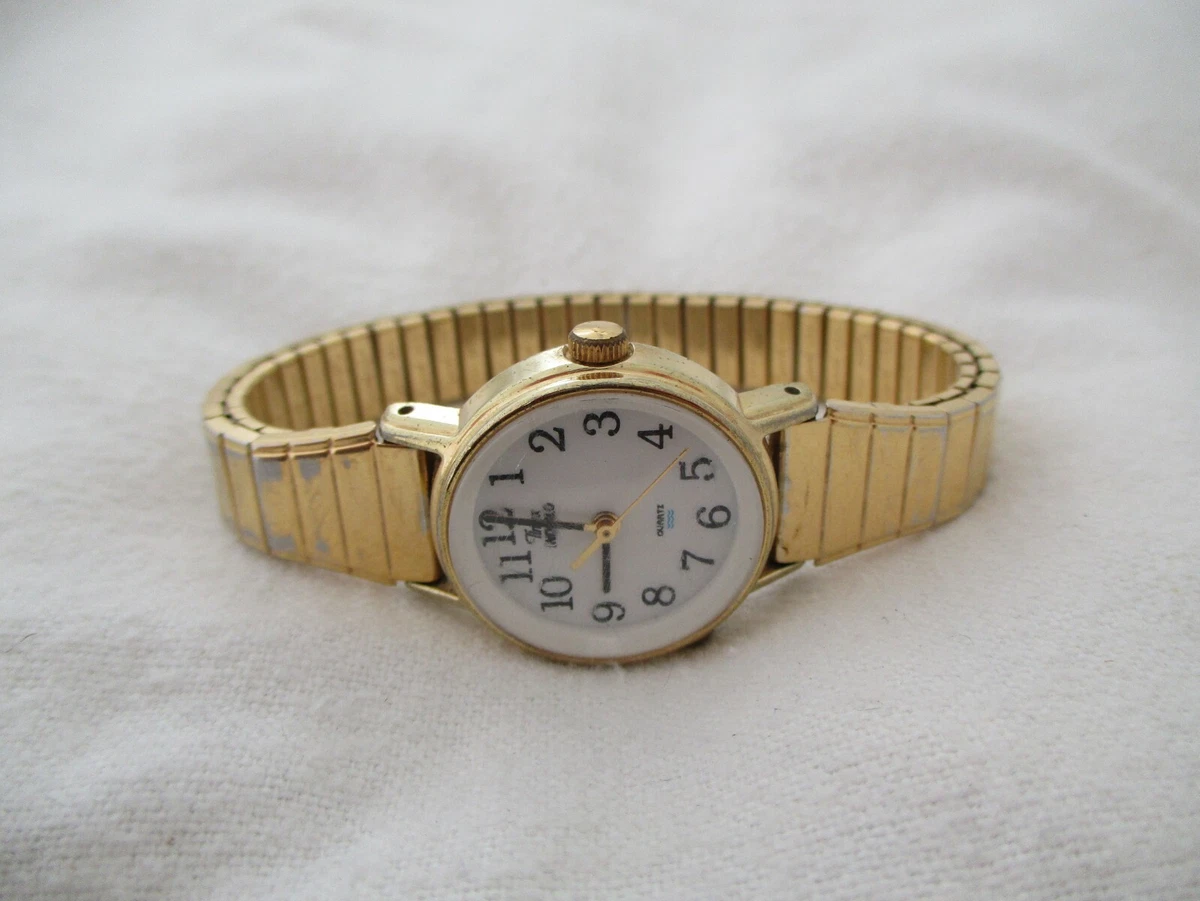 Timex Indiglo Watch Gold Toned Expansion Band Elegant Round White Face