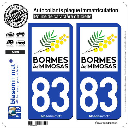 2 Stickers autocollant plaque immatriculation 83 Bormes-les-Mimosas - Tourisme - Photo 1/9