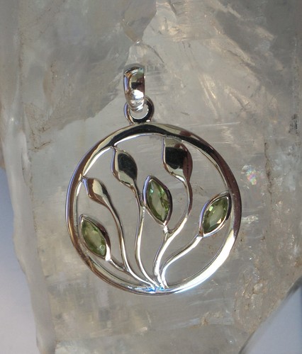 Solid 925 Sterling Silver High Quality Botanical Design Triple Gemstone Pendant - Picture 9 of 15