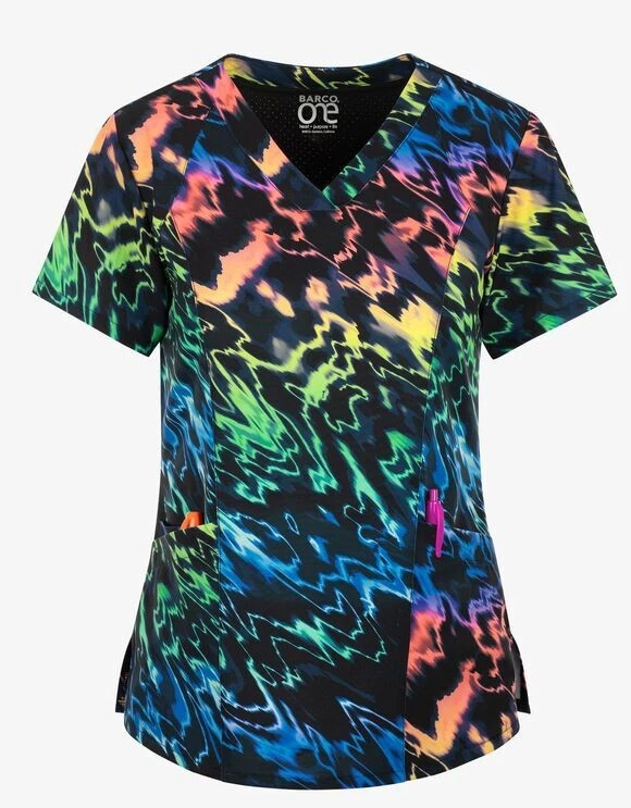 Barco One Scrubs #5107 V-Neck Print Scrub Top in "Aurora Lights" Size XS - Image 2 of 3