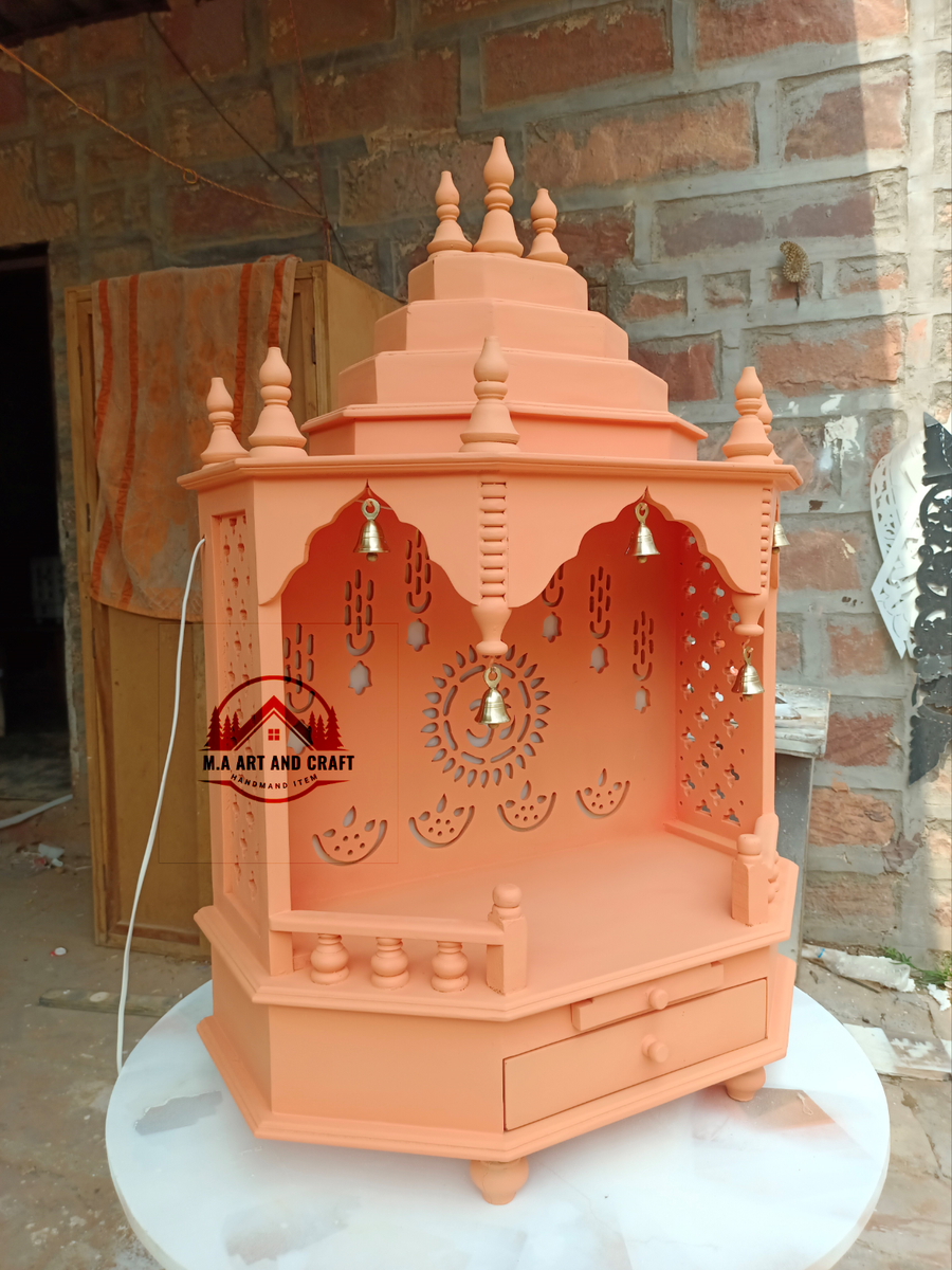 wood Temple for Home mandir with Orange Paint with Finishing and