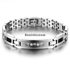 Men's Women's Silver Stainless Steel Bracelet w Black Carbon Fiber Wristband