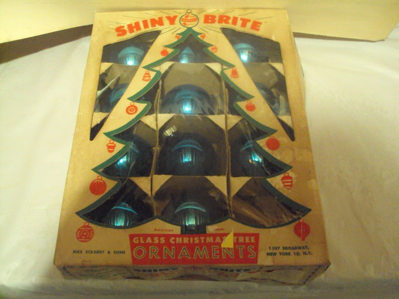 11 Vintage Shiny Brite Christmas Ornaments in Box Mercury Glass Blue