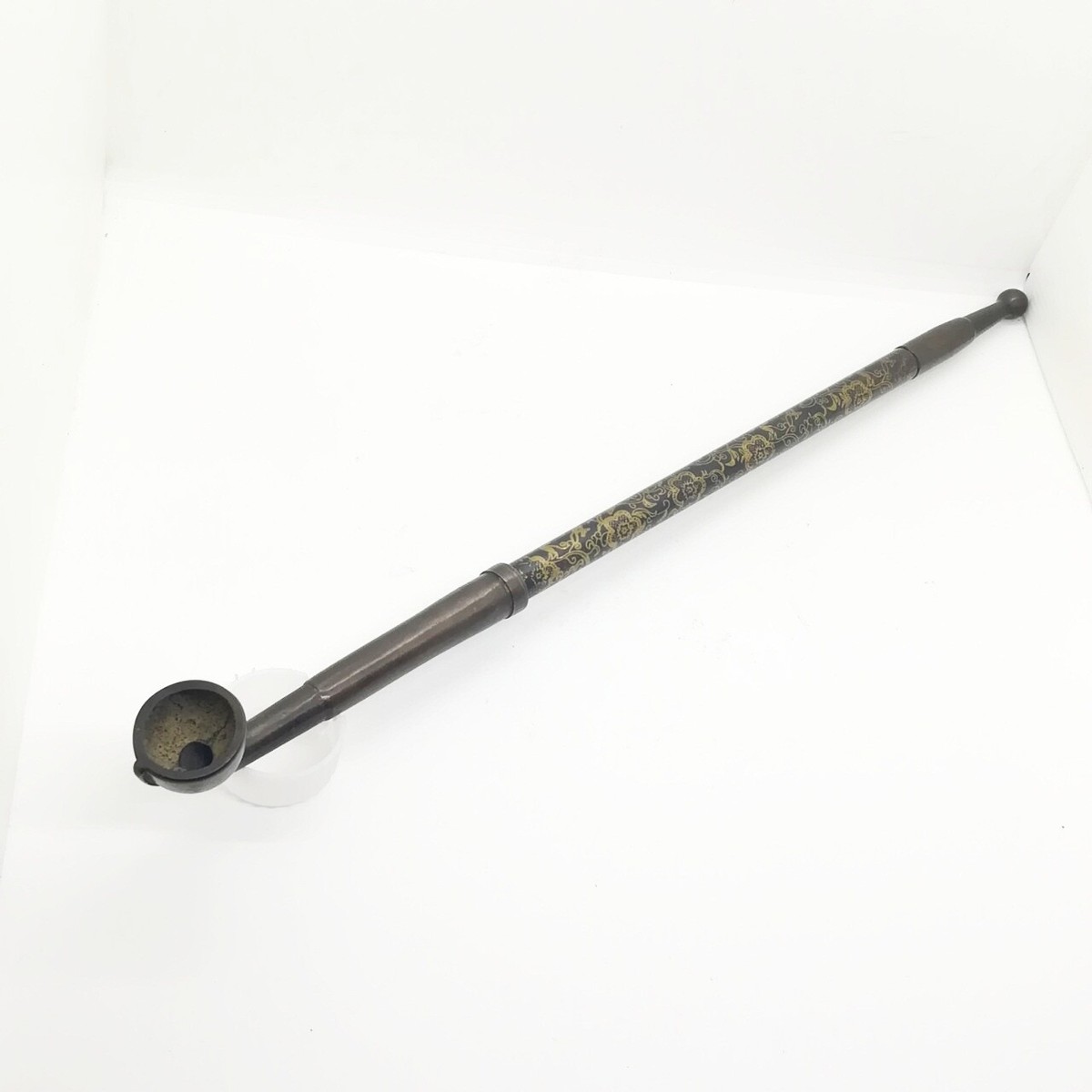 Antique Floral Gilt Brass Chinese Tobacco Poppy Smoking Pipe