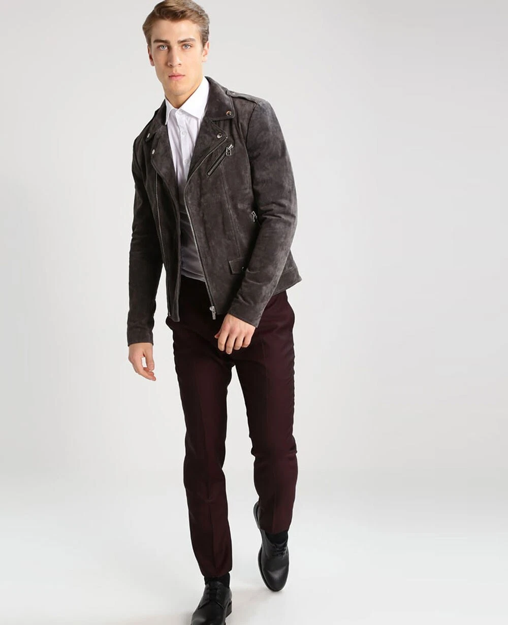 Men Gray Leather Jacket Pure Suede Biker Motorcycle Size XS S M L XL XXL 3XL