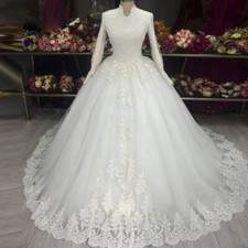 Gorgeous Muslim Wedding Dresses Lace High Neck Long Sleeves Princess Royal Gowns