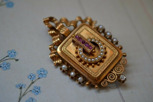 Broche antiguo francés victoriano perla de oro 18k y rubí 10,8 gr - Imagen 3 de 6