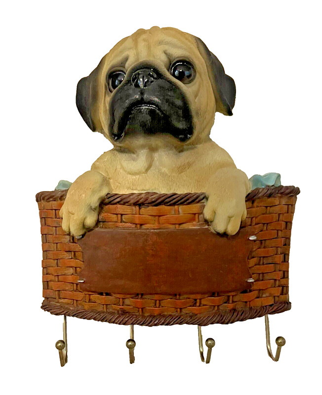 Vintage C & F Corp 3 D Resin PUG Puppy in Laundry Basket Wall Hook - NWT