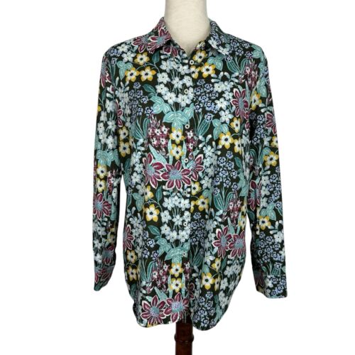 Talbots Floral Shirt Women Large Colorful Garden Cotton Button Up Spring Fairy