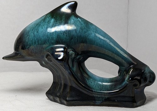 BLUE MOUNTAIN POTTERY JUMPING DOLPHIN DRIP GLAZE TURQUOISE BLACK WAVES 7" - Picture 3 of 8