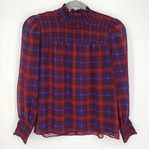 3/25 $ Ann Taylor kariertes Blusentop XXSP Stehkragen gesmokt rot blau